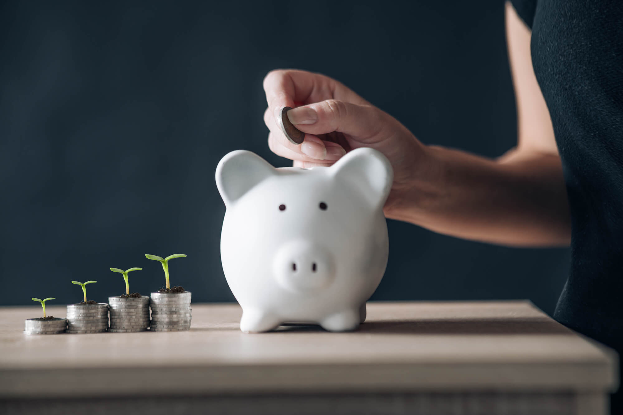 hand putting coin in piggy bank